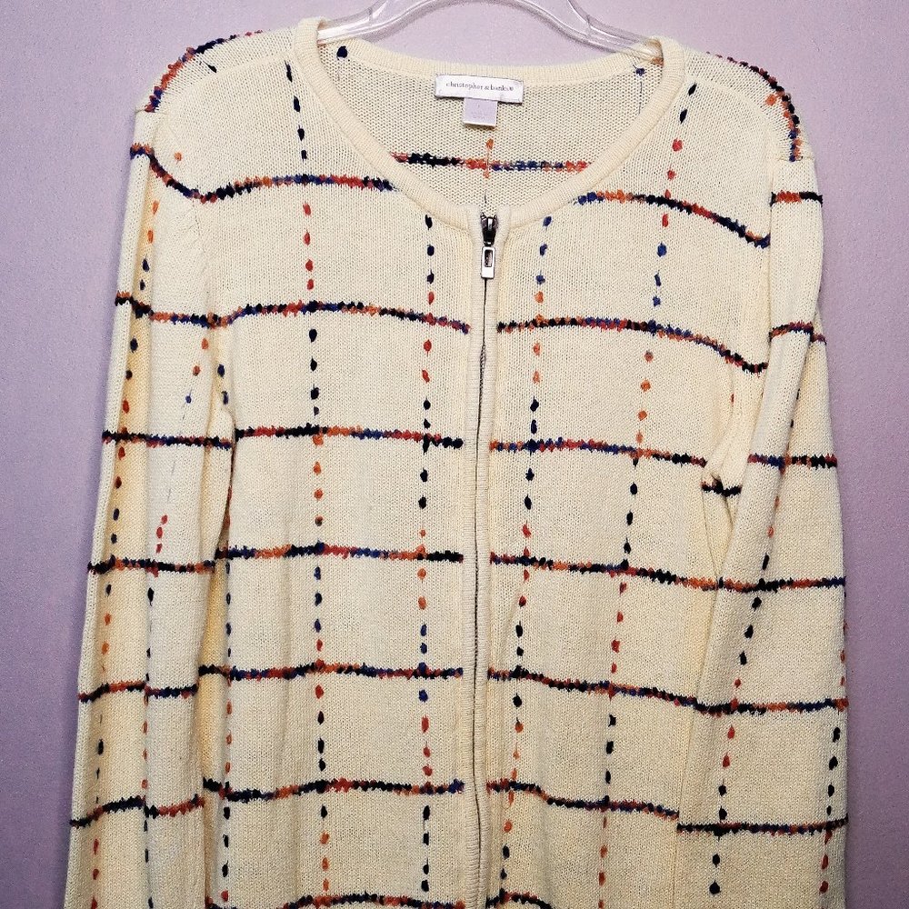 CHRISTOPHER & BANKS Yellow Rainbow Grid Stitch Embroidered Zip Cardigan Womens L
